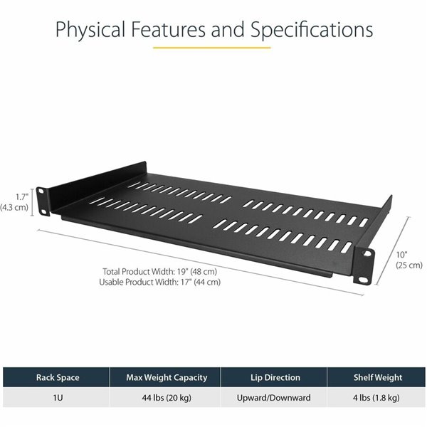 StarTech.com 1U 19 Vented Server Rack Cabinet Shelf - Fixed 10in Deep Cantilever Tray w/Cage Nuts – Image 8